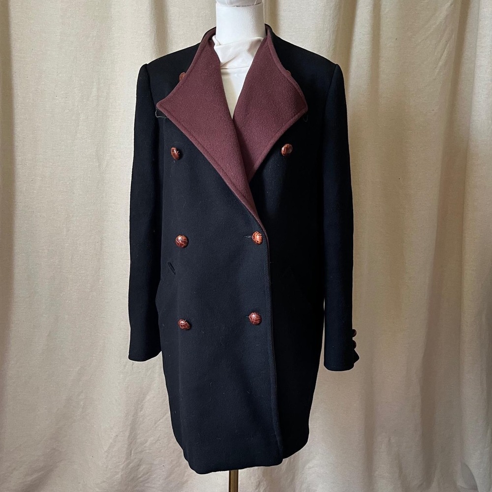 Vintage Wool Coat Womens 14 Black Brown Double Breasted Shawl Collar Jacket